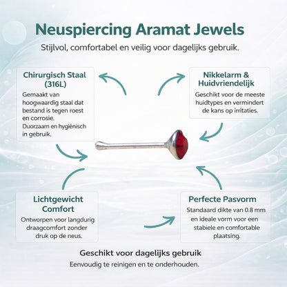 Aramat Jewels silver nose piercing with a 2mm red crystal stone. Straight design, ideal for sensitive skin.