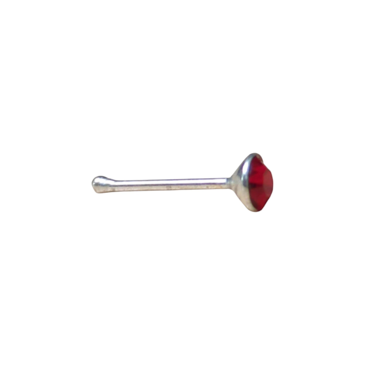 Aramat Jewels silver nose piercing with a 2mm red crystal stone. Straight design, suitable for sensitive skin.