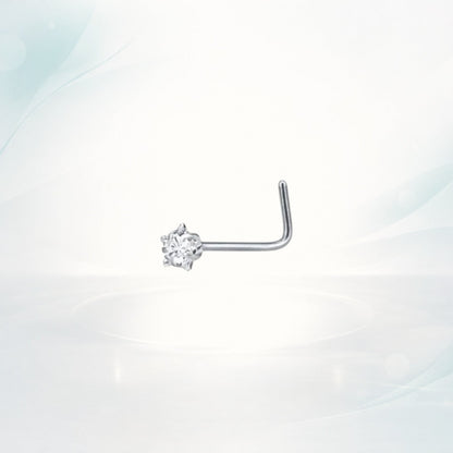 Aramat Jewels silver L-shaped nose piercing with a clear cubic zirconia stone.