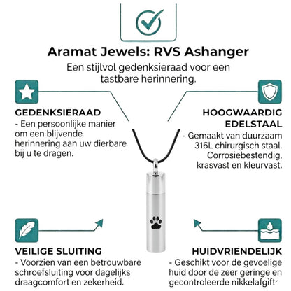Aramat Jewels matte silver stainless steel cremation urn pendant with black paw print detail, 46mm tube shape.