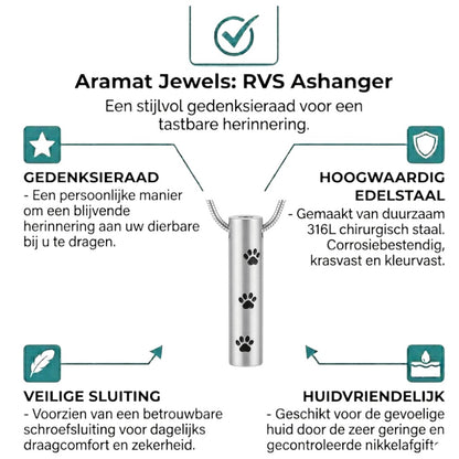 Aramat Jewels silver-colored stainless steel cylinder urn pendant with black paw prints, 3.4cm