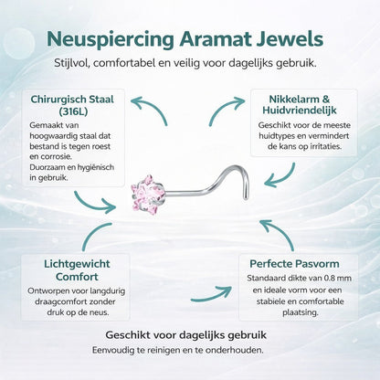 Aramat Jewels silver steel nose piercing with a pink zirconia stone in a star shape.