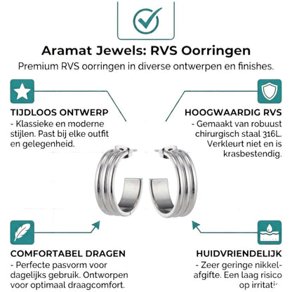 Aramat Jewels silver-tone stainless steel half hoop earrings with ribbed texture, 23x7mm.