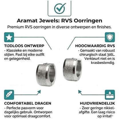 Aramat Jewels sandblasted silver-colored RVS huggie hoop earrings, 13mm, with a matte finish and wide stripe detail.