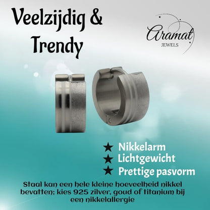 Aramat Jewels silver-tone stainless steel hoop earrings with sandblasted and polished striped finish, 13mm size.