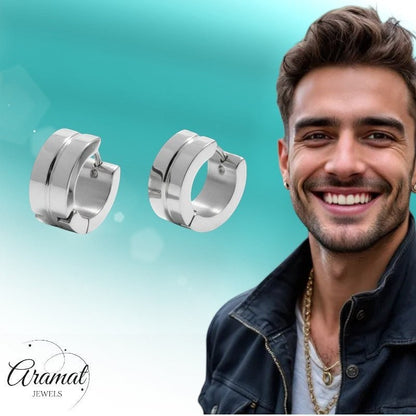 Aramat Jewels silver-tone stainless steel huggie hoop earrings with a double-band accent, 13x7mm.