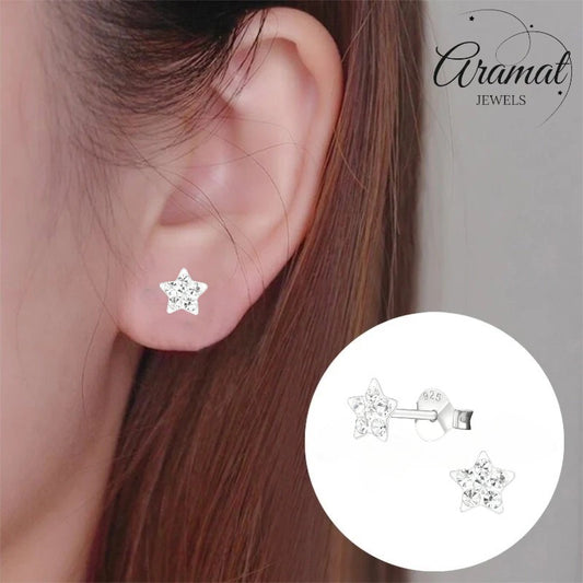Aramat Jewels 925 sterling silver star stud earrings with clear crystals, 5mm size, perfect for everyday wear or ear parties.