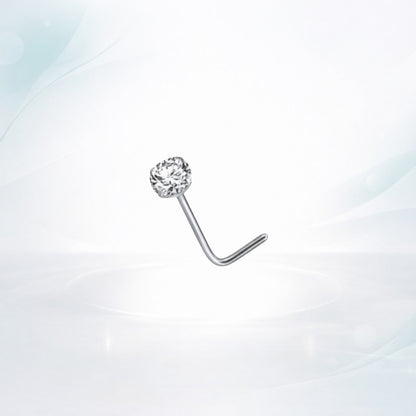 Aramat Jewels silver steel L-shaped nose piercing with a clear cubic zirconia stone.