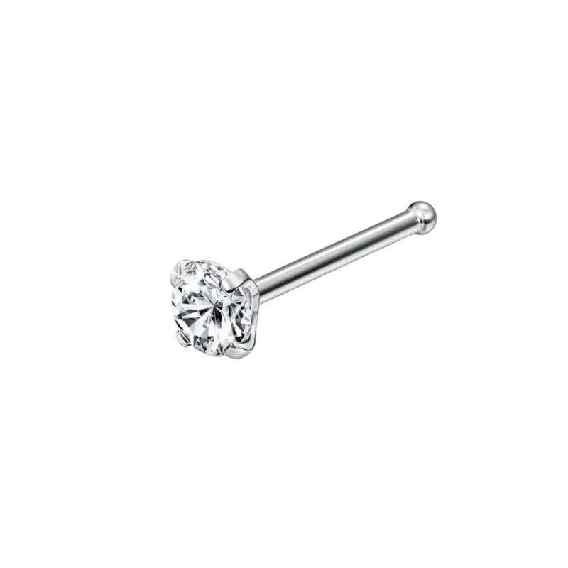 Aramat Jewels silver-tone steel nose stud with a clear round zirconia stone and a straight post.
