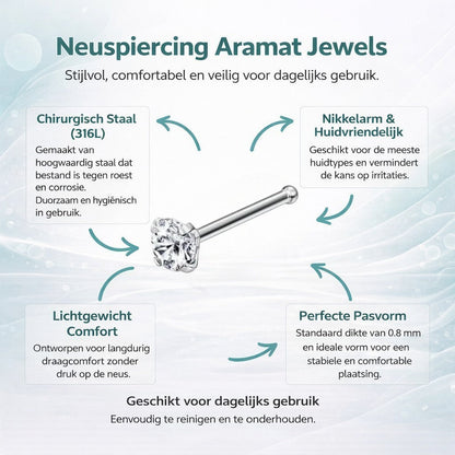 Aramat Jewels silver-colored steel nose piercing with a clear round 2mm zirconia stone and a straight post.
