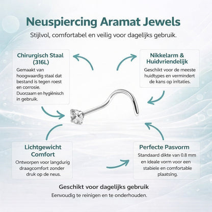Aramat Jewels silver steel nose piercing with a 2mm clear cubic zirconia stone and a curved S-bar.