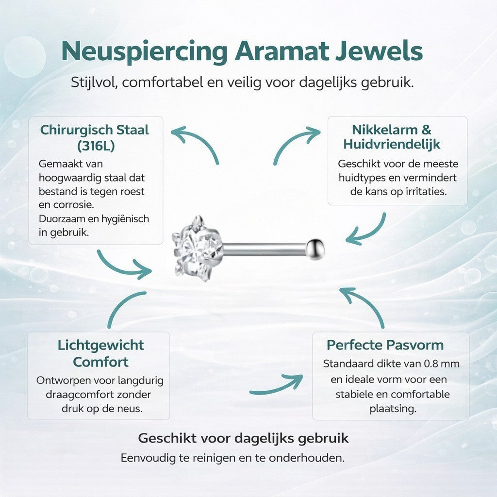 Aramat Jewels silver-colored steel nose piercing with a clear zirconia stone and a straight bar.