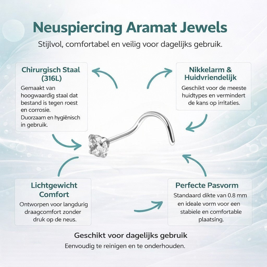 Aramat Jewels silver-tone steel nose stud with a clear 2mm cubic zirconia and a curved S-shaped post.