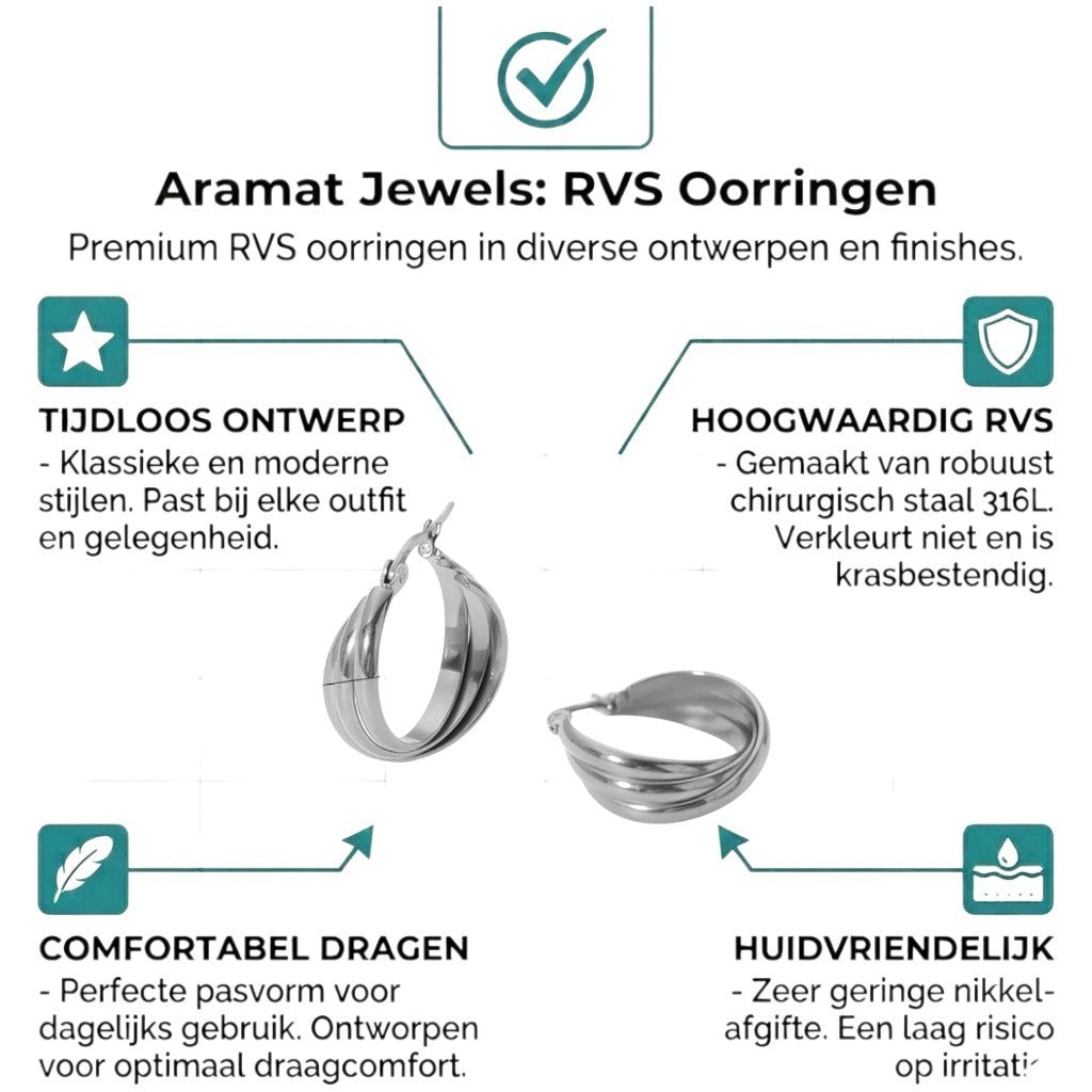 Aramat Jewels silver-tone stainless steel triple hoop earrings with a smooth, layered design and a hinge closure.