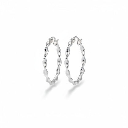 Aramat Jewels silver twisted hoop earrings, 40mm diameter, high gloss finish, made of stainless steel.