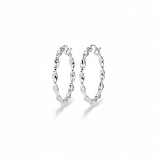 Aramat Jewels silver twisted hoop earrings, 40mm diameter, high gloss finish, made of stainless steel.