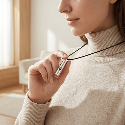 Aramat Jewels matte silver stainless steel cylinder urn necklace with paw print engraving, worn by a woman.