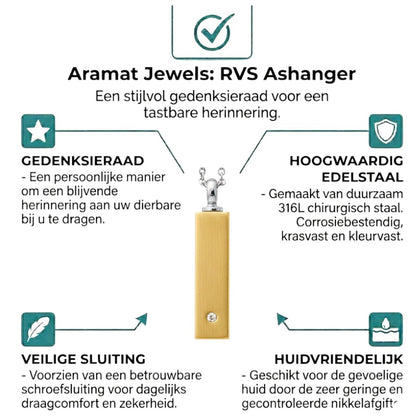 Aramat Jewels staaf ashanger van 4cm in goudkleurig roestvrij staal met een zirkonia en zilverkleurige kettinglus.