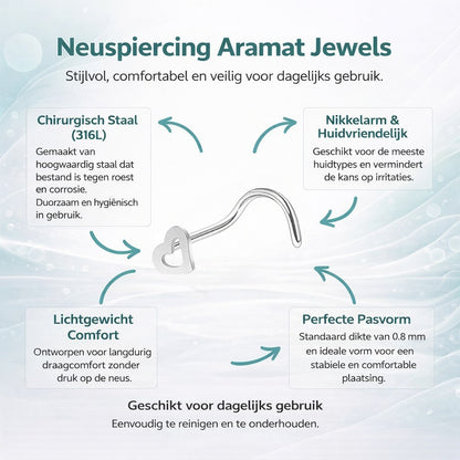 Aramat Jewels stainless steel nose piercing with a 4mm open heart design. S-shaped stud, 1.2mm gauge, 10mm length.