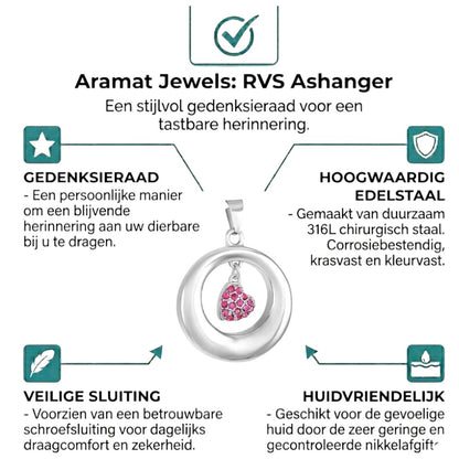 Aramat Jewels® stalen open cirkel ashanger met roze kristal hart, RVS gedenksieraad
