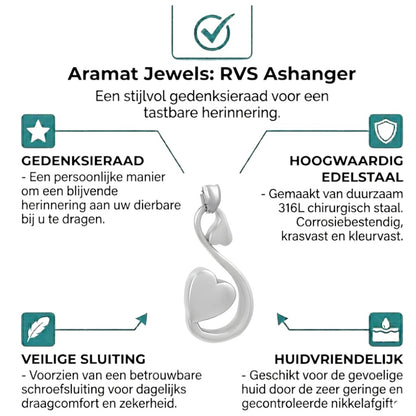 Aramat Jewels zilverkleurige stalen ashanger in sierlijk hartvorm, 38x18 mm, voor as van een dierbare.