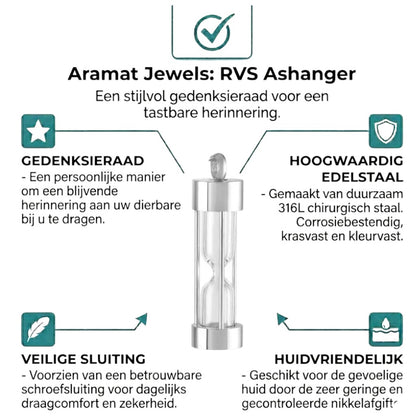 Aramat Jewels zilverkleurige stalen ashanger in zandloper design, 4,5cm, waterbestendig, met schroefsluiting.