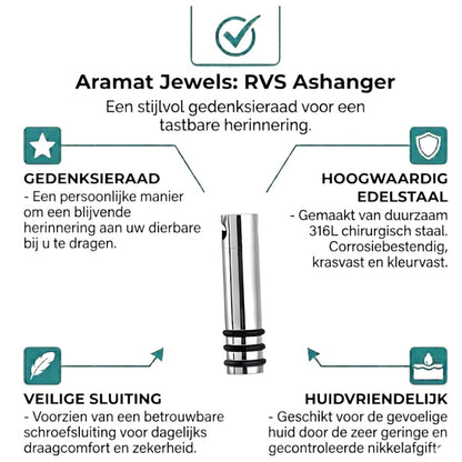 Aramat Jewels® stalen cilinder ashanger met zwarte strepen, 38x10mm. Gedenksieraad met schroefdop.