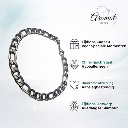 Aramat Jewels® zilverkleurige stalen Figaro armband voor heren, 8mm breed en 22cm lang, met gestreepte schakels.
