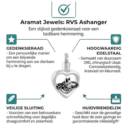 Aramat Jewels zilverkleurige stalen hart ashanger met hond en vleugels, gedenksieraad
