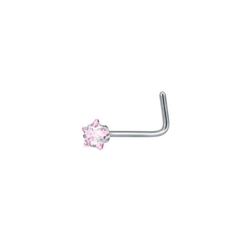 Aramat Jewels stalen neuspiercing in zilverkleur met een schitterende roze zirkonia in stervorm.