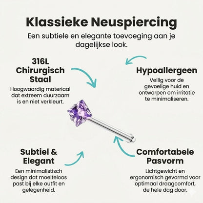 Aramat Jewels neuspiercing van chirurgisch staal met een paarse vierkante zirkonia steen van 2mm op een recht staafje.