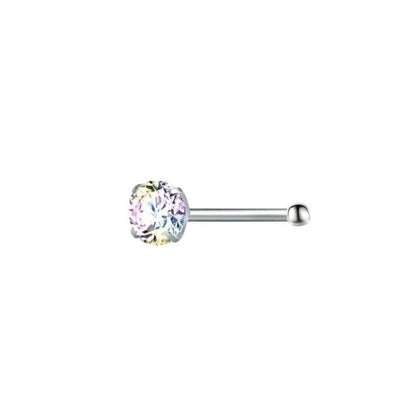 Aramat Jewels stalen neuspiercing met een sprankelende AB zirkonia steen en een recht staafje in zilverkleur.