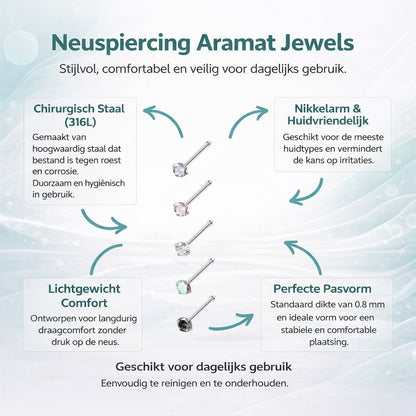 Aramat Jewels neuspiercing set met 2mm ronde zirkonia steentjes in diverse kleuren op rechte staafjes van chirurgisch staal