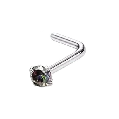 Aramat Jewels neuspiercing van chirurgisch staal met een ronde 2mm zirkonia steen in een subtiele AB kleur.