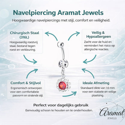 Aramat Jewels silver-tone steel belly button piercing with a clear and red zirconia flower charm.