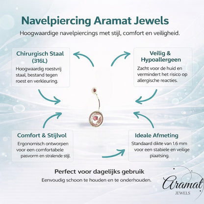 Aramat Jewels silver steel navel piercing with a clear, round crystal.