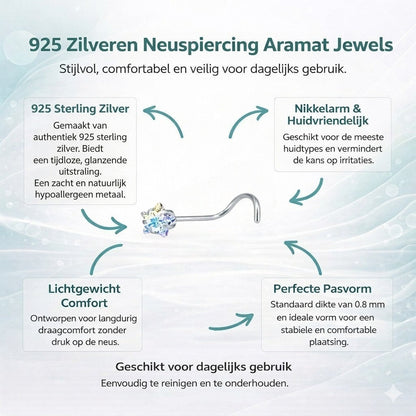 Aramat Jewels steel nose piercing with AB transparent cubic zirconia and S-shaped bar.