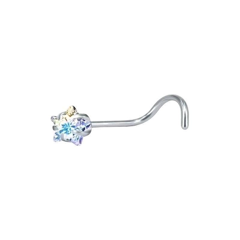 Aramat Jewels steel nose piercing with AB transparent cubic zirconia in round, star, and heart shapes.
