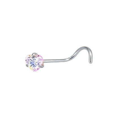 Aramat Jewels steel nose piercing with AB transparent cubic zirconia in round, star, and heart shapes.