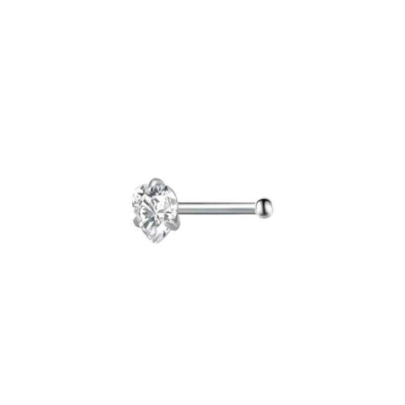 Aramat Jewels silver-tone steel nose piercing with a clear cubic zirconia stone, available in round, star, and heart shapes.