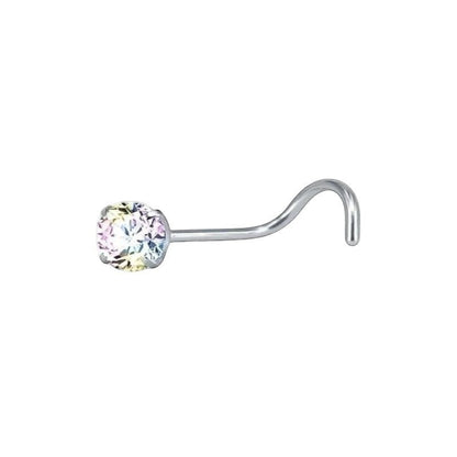 Aramat Jewels steel nose piercing with AB transparent cubic zirconia. Features a curved S-shaped bar and a sparkling gem.