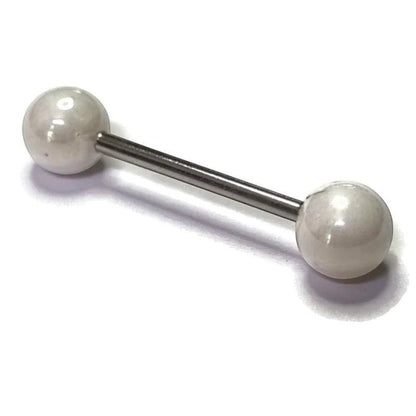 Aramat Jewels steel tongue barbell with white pearl ends. Hypoallergenic and suitable for healed piercings.