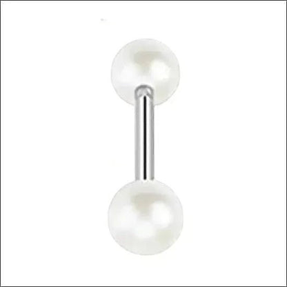 Aramat Jewels steel tongue piercing with a white pearl ball on each end. Hypoallergenic and elegant.