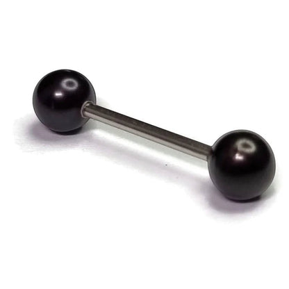 Aramat Jewels steel tongue barbell with a black pearl ball on each end. Hypoallergenic and suitable for healed piercings.