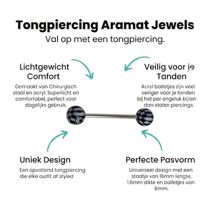Aramat Jewels steel tongue piercing with black and white checkered acrylic balls. 16mm bar, 6mm balls.