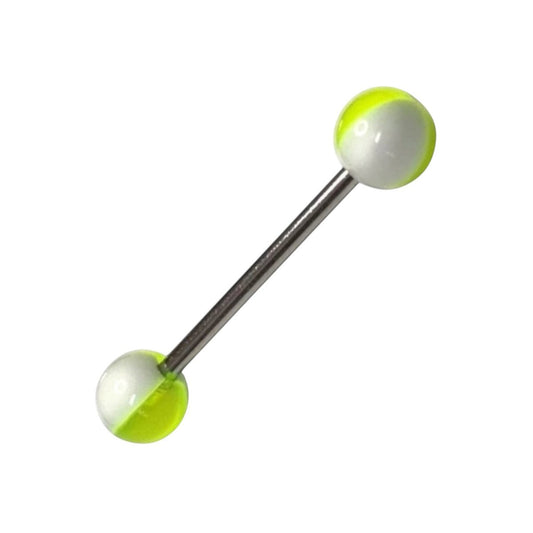 Aramat Jewels steel tongue piercing with white and neon yellow acrylic balls.