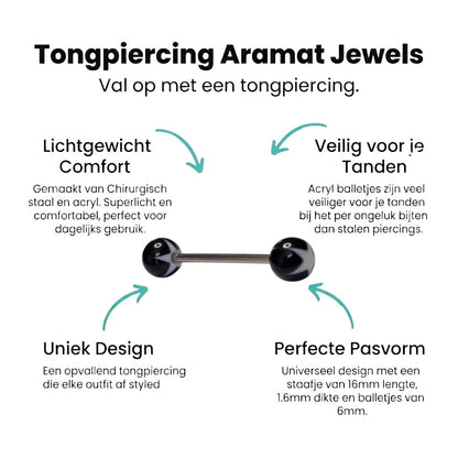 Aramat Jewels steel tongue piercing with black and white acrylic star ends. 6mm balls.