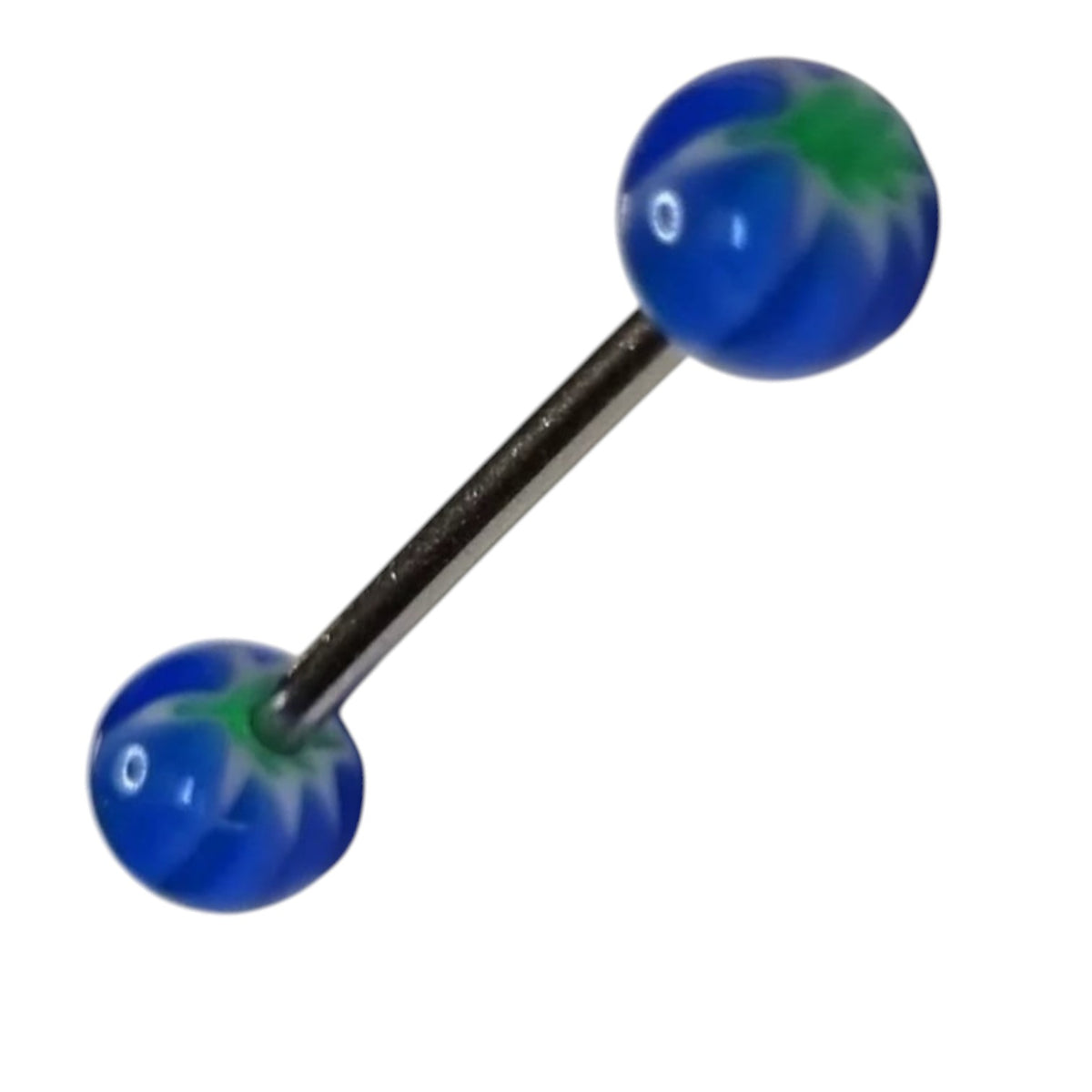 Aramat Jewels steel tongue piercing with white, blue, and green acrylic weed leaf design.