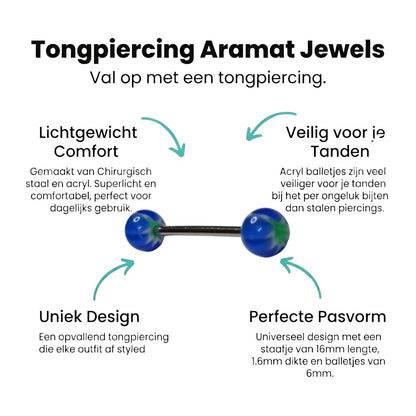 Aramat Jewels steel tongue piercing with white, blue, and green acrylic weed leaf design.