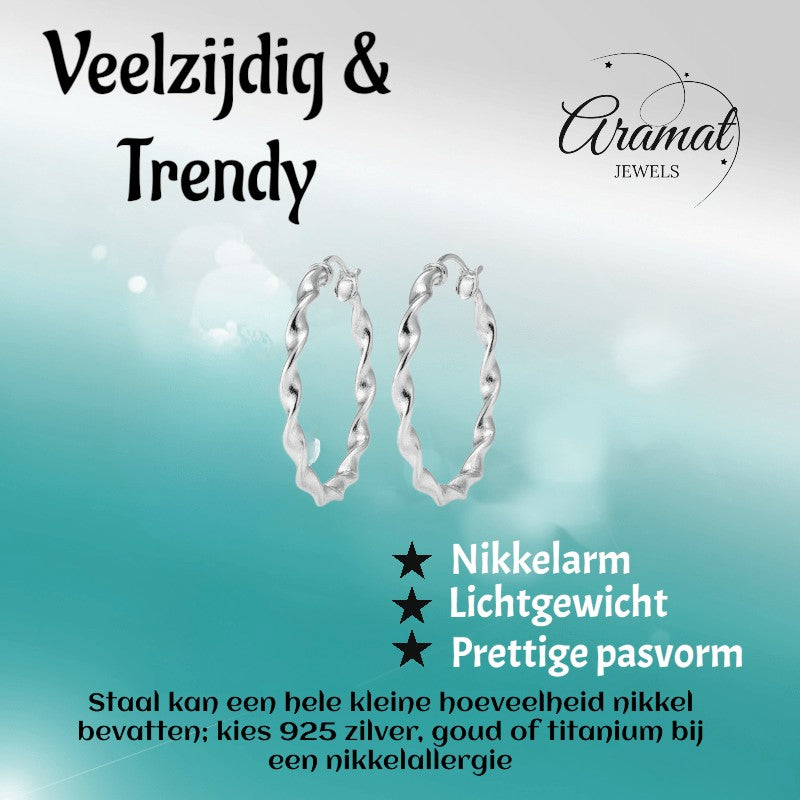Aramat Jewels silver-tone twisted hoop earrings, 40mm diameter, high gloss finish, made of stainless steel.